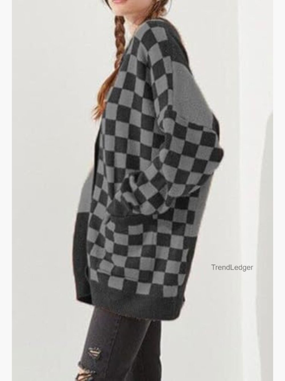 Slouchy Checkered Cardigan Oversized Open Front Plaid Knit Sweater Coat - Picture 4 of 4